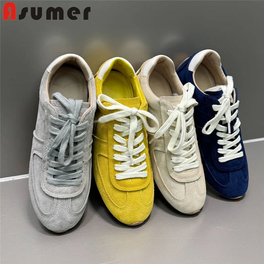 Asumer 2025 Newest Luxury Cow Suede Leather Women Sneakers Solid Color Flats Casual Shoes Fashion Flat Footwear Flat Sneakers