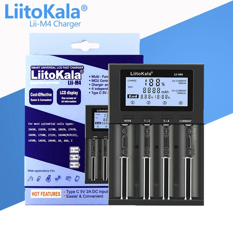 LiitoKala Lii-M4S 18650 LCD Multifunctional Battery Charger For 3.7V 1.2V 26650 21700 14500 18350 17500 AA AAA A C And Other