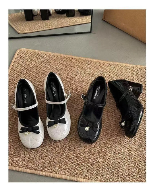 2025 Spring and Summer French Thick Heel Mary Jane Shoes Women's Spring Light Mouth High Heels Bow Single Shoes
