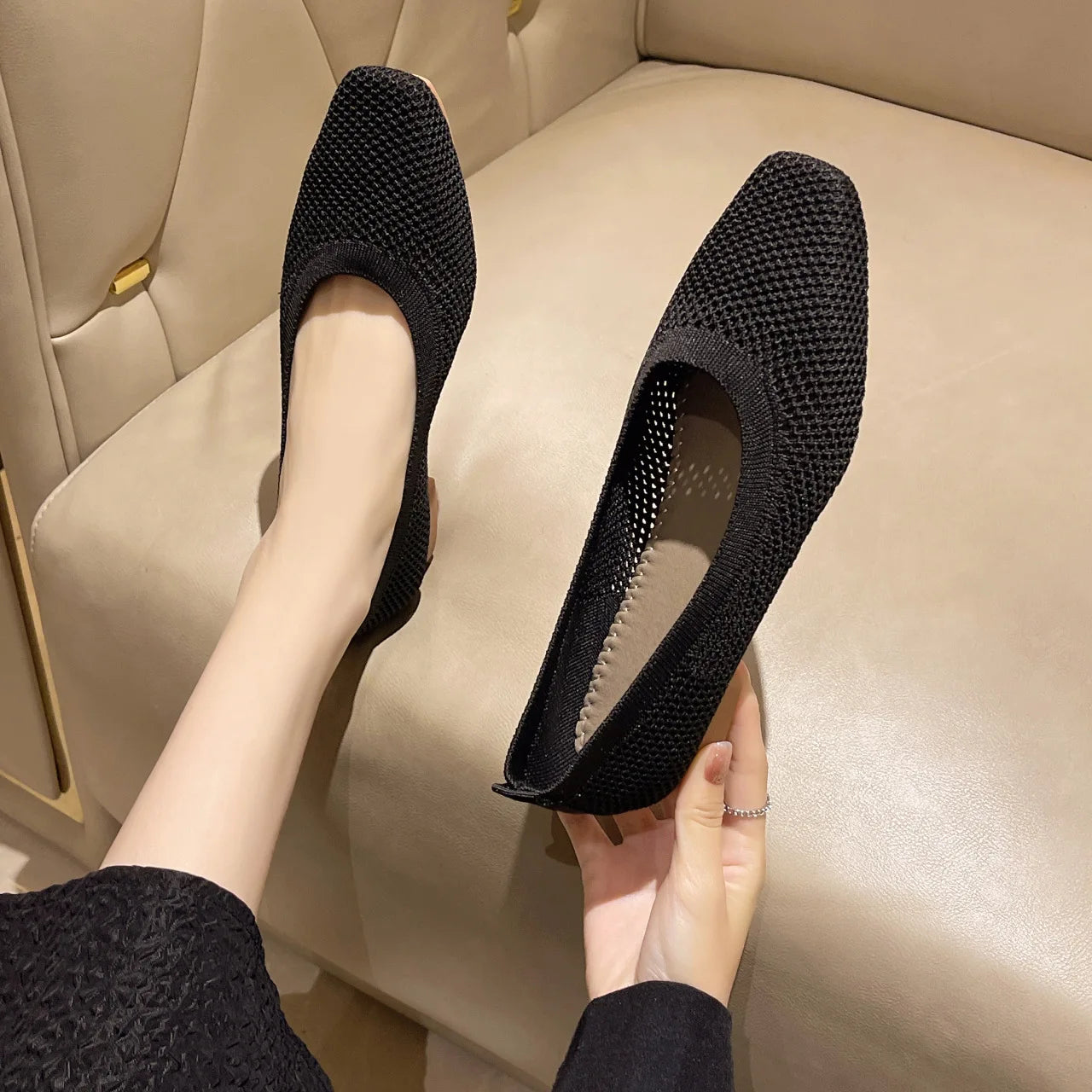 Breathable Mesh Fashion Flats For Women Spring Summer Flat Shoes Square Toe Slip-on Loafers Soft Sole Girls Daily Walking Shoes