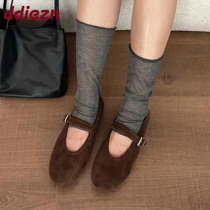 Shallow Footwear Buckle Strap Ladies Mary Janes Flats Shoes Soft Female Round Toe Fashion Flock Women Flats With Shoes lady