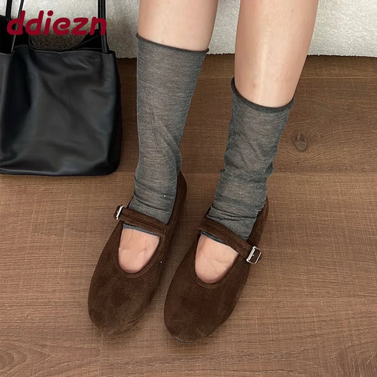 Shallow Footwear Buckle Strap Ladies Mary Janes Flats Shoes Soft Female Round Toe Fashion Flock Women Flats With Shoes lady