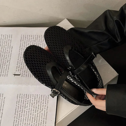 Breathable Mesh Black Ballet Shoes Female Spring Summer Fashion Flats Soft Sole Round Toe Girls Daily Walking Street Sandals