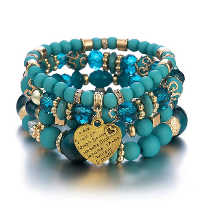 4Pcs Bohemia Acrylic Beaded Bracelet Set For Women Solid Heart Charm Elastic Chain Bangle Men Retro Daily Wear Jewelry Gift