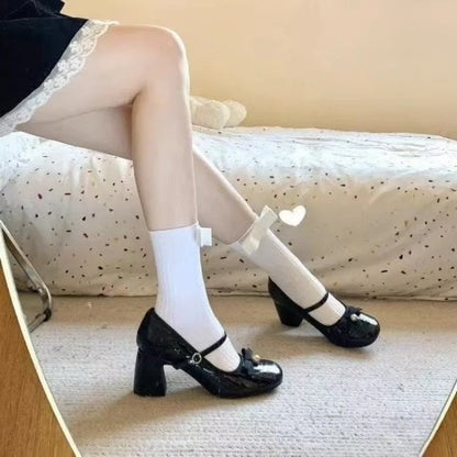 2025 Spring and Summer French Thick Heel Mary Jane Shoes Women's Spring Light Mouth High Heels Bow Single Shoes