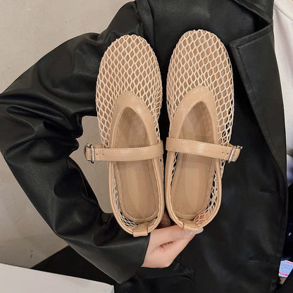 Breathable Mesh Black Ballet Shoes Female Spring Summer Fashion Flats Soft Sole Round Toe Girls Daily Walking Street Sandals