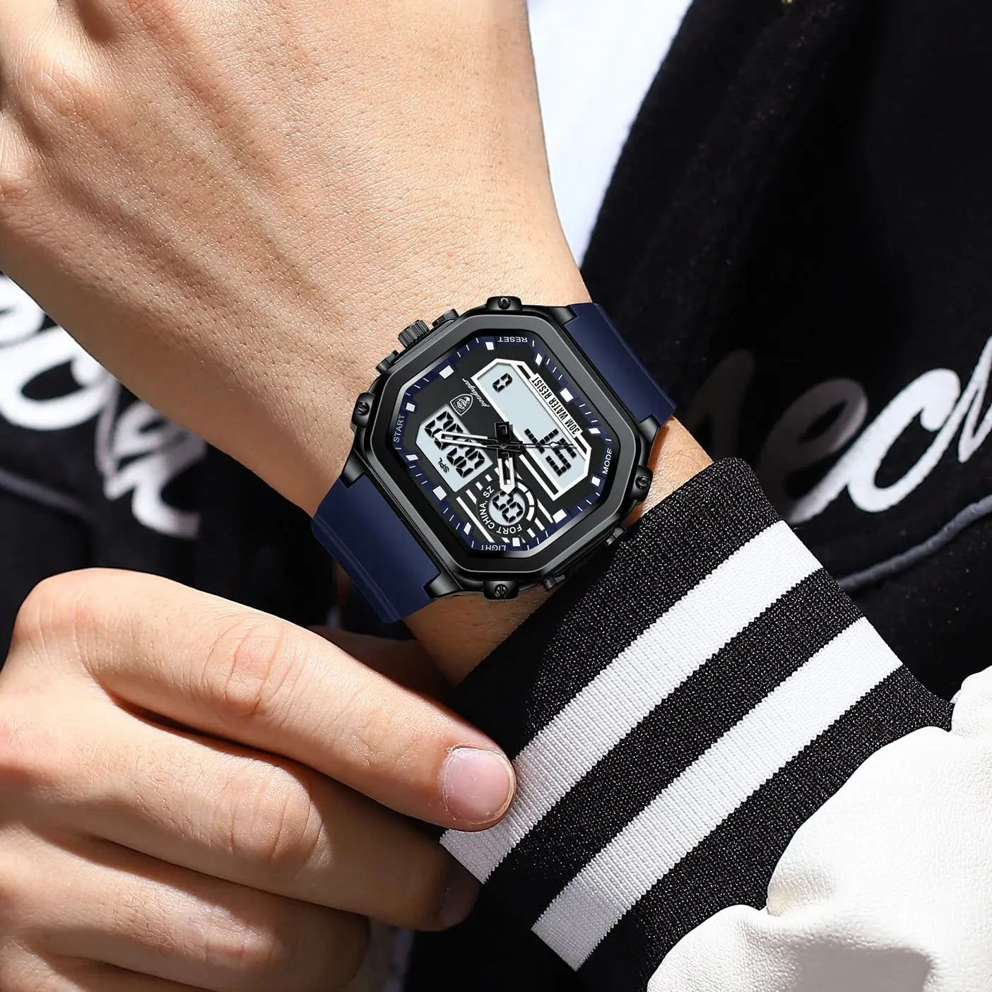 POEDAGAR LED Sport Men Clock Dual Time Display Digital Week Date Square Man Watch Electronic Silicone Strap Men's Quartz Watches