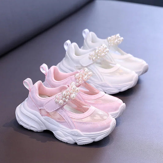Girls Tennis Shoes Mesh Hollowed 2024 Summer New Children Solid Color Pearl Sports Shoes Kids Princess Sneakers Cute Heart