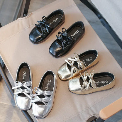 Kids Square Dance Performance Shoes Black Solid Color Girls Princess Shoe with Double Bow 2024 New Girls Leather Shoes Soft Sole