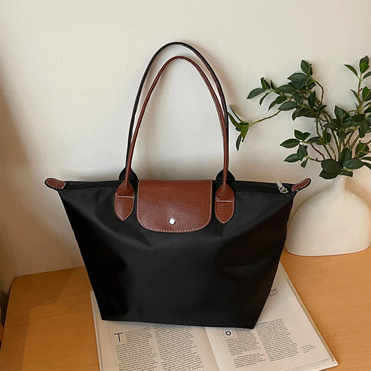 Minimalist Solid Color Shoulder Bag Nylon Large Capacity Tote Bag Magnetic Snap + Zip Reinforced Strap for Women Commute