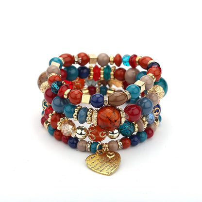 4Pcs Bohemia Acrylic Beaded Bracelet Set For Women Solid Heart Charm Elastic Chain Bangle Men Retro Daily Wear Jewelry Gift
