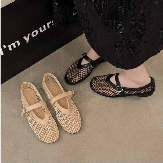 Breathable Mesh Black Ballet Shoes Female Spring Summer Fashion Flats Soft Sole Round Toe Girls Daily Walking Street Sandals