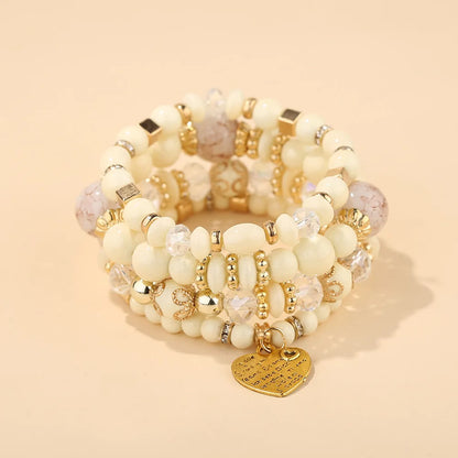4Pcs Bohemia Acrylic Beaded Bracelet Set For Women Solid Heart Charm Elastic Chain Bangle Men Retro Daily Wear Jewelry Gift