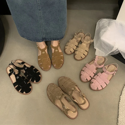 DIMANYU Women's Roman Sandals 2023 Summer New Flat Retro Real Leather Ladies Sandals Hollowed Women's Cage Shoes