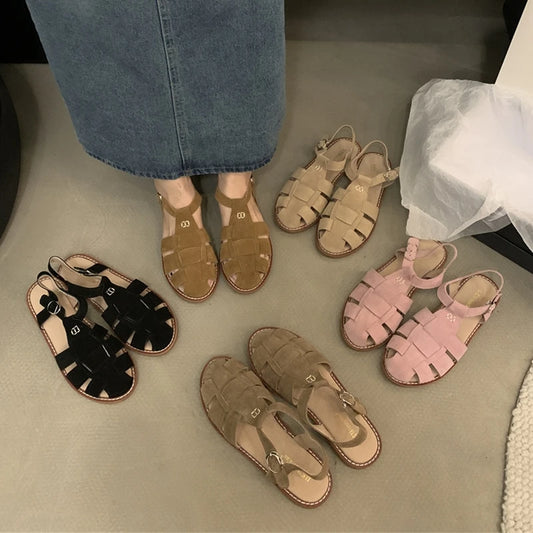 DIMANYU Women's Roman Sandals 2023 Summer New Flat Retro Real Leather Ladies Sandals Hollowed Women's Cage Shoes