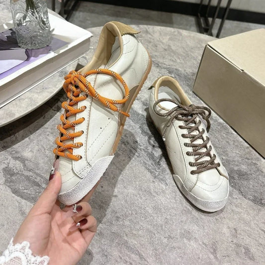 2025 Women Flats Unisex Round Toe Mixed Color Lace Up Leather Comfort Daily Commute New Simple Men Women Walking Casual  Shoes