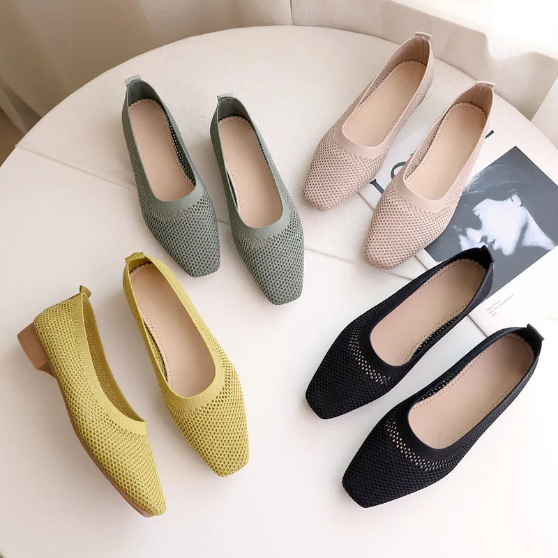 Breathable Mesh Fashion Flats For Women Spring Summer Flat Shoes Square Toe Slip-on Loafers Soft Sole Girls Daily Walking Shoes