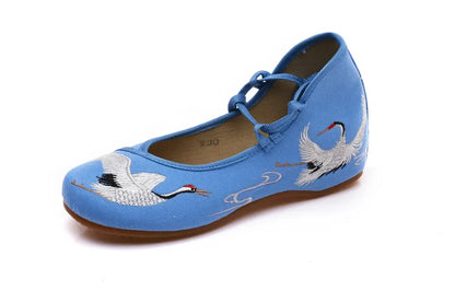 New Chinese Style Tradition Han Fu Shoes For Women Oriental Elegant Fairy Crane Embroidered Lace Up Flat Shoes Stage Show Shoes
