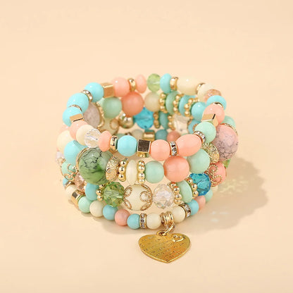 4Pcs Bohemia Acrylic Beaded Bracelet Set For Women Solid Heart Charm Elastic Chain Bangle Men Retro Daily Wear Jewelry Gift