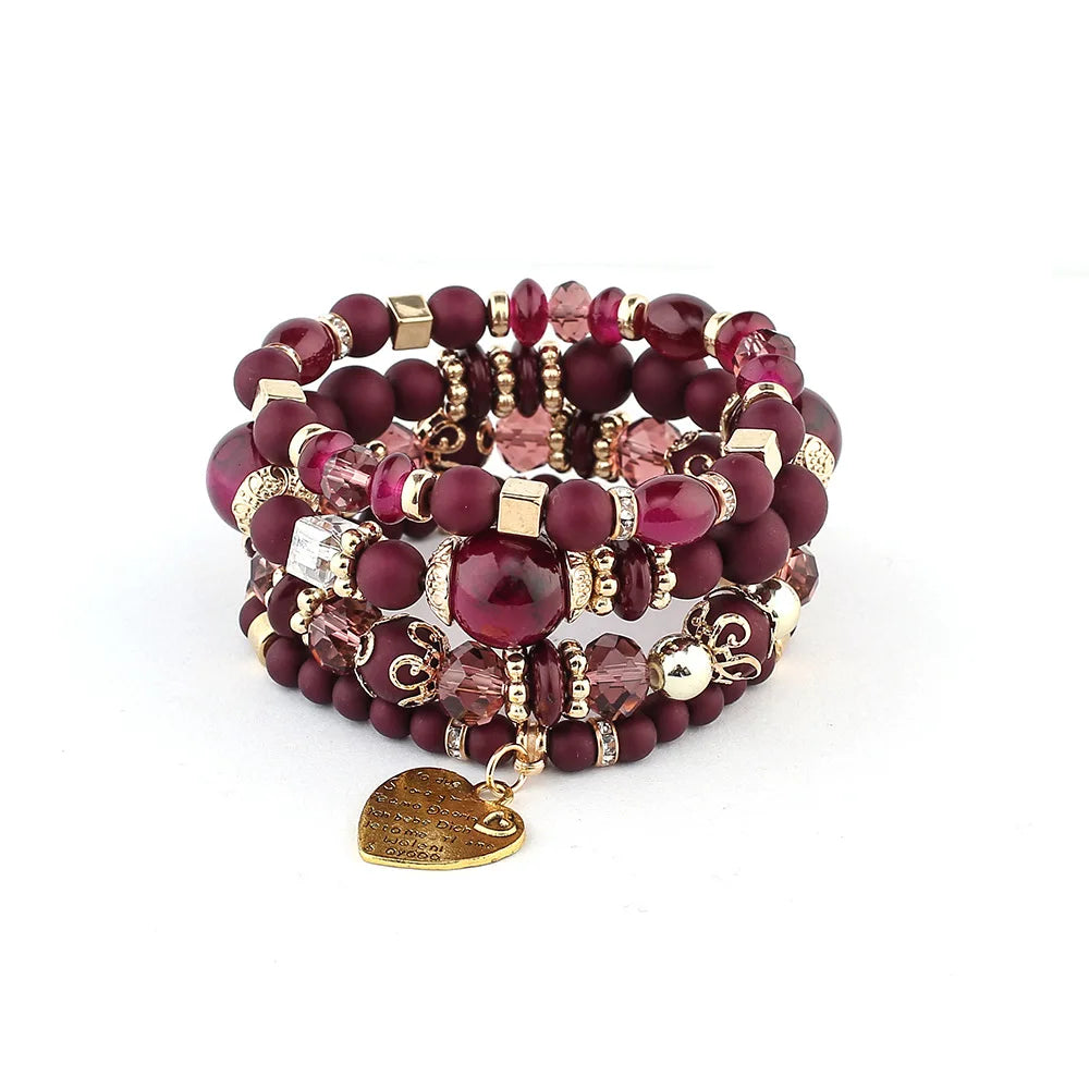 4Pcs Bohemia Acrylic Beaded Bracelet Set For Women Solid Heart Charm Elastic Chain Bangle Men Retro Daily Wear Jewelry Gift