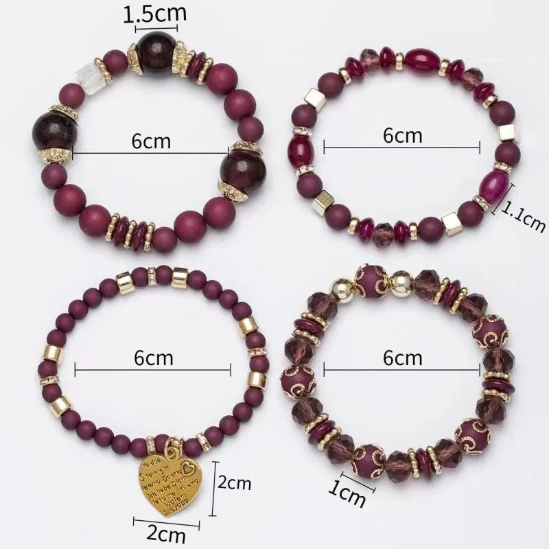 4Pcs Bohemia Acrylic Beaded Bracelet Set For Women Solid Heart Charm Elastic Chain Bangle Men Retro Daily Wear Jewelry Gift