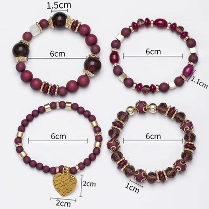 4Pcs Bohemia Acrylic Beaded Bracelet Set For Women Solid Heart Charm Elastic Chain Bangle Men Retro Daily Wear Jewelry Gift