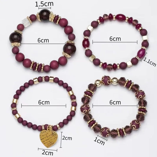 4Pcs Bohemia Acrylic Beaded Bracelet Set For Women Solid Heart Charm Elastic Chain Bangle Men Retro Daily Wear Jewelry Gift
