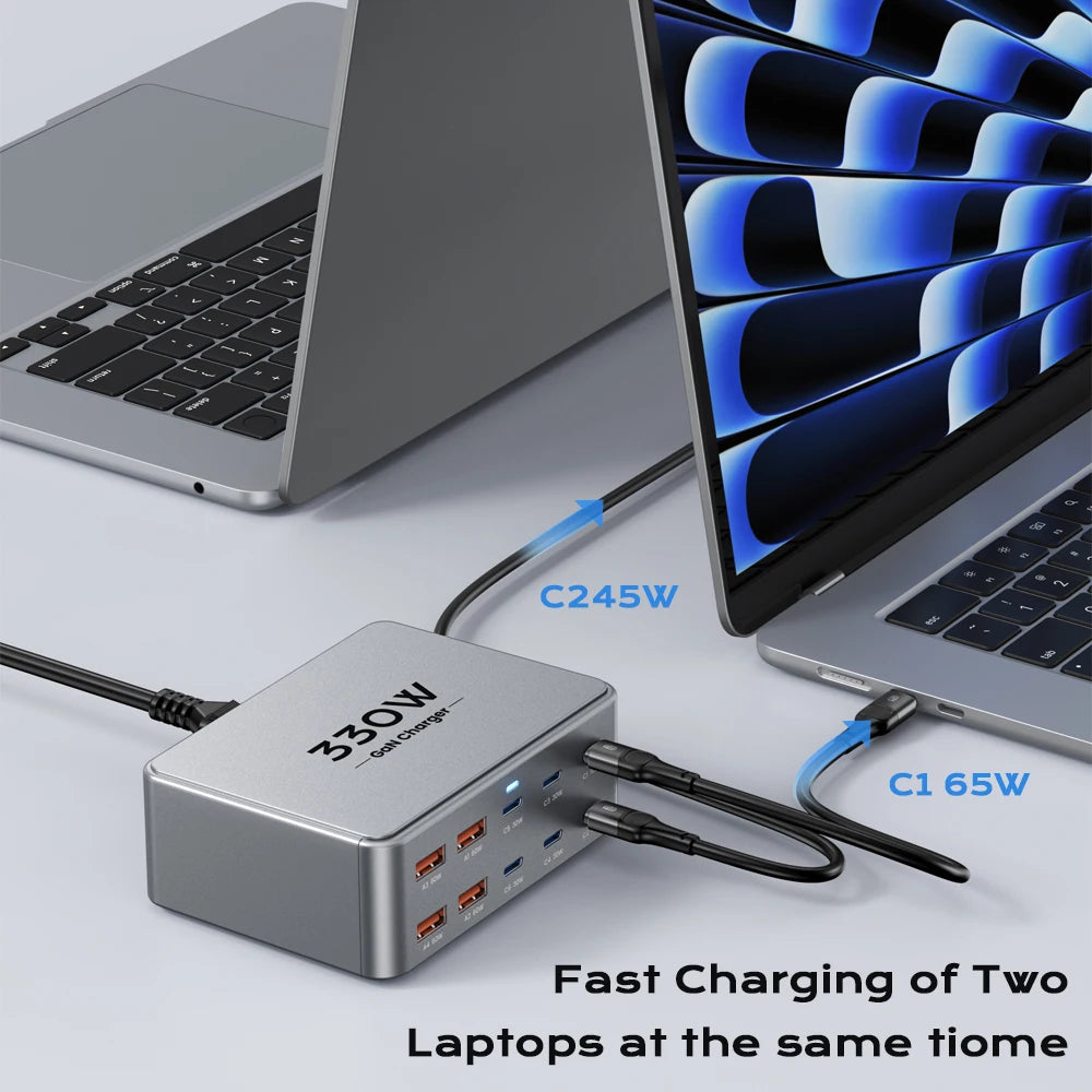 330W GaN USB C Charger 10-Port Desktop Charger Type C 100W PD3.0 PPS QC3.0 Fast Charging for MacBook Tablet Samsung iPhone 15 16