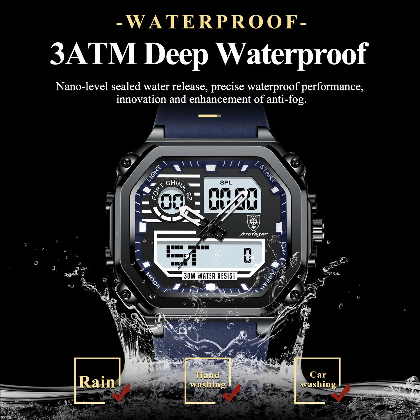POEDAGAR LED Sport Men Clock Dual Time Display Digital Week Date Square Man Watch Electronic Silicone Strap Men's Quartz Watches