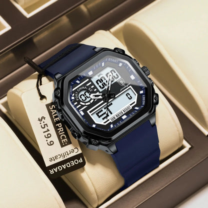 POEDAGAR LED Sport Men Clock Dual Time Display Digital Week Date Square Man Watch Electronic Silicone Strap Men's Quartz Watches