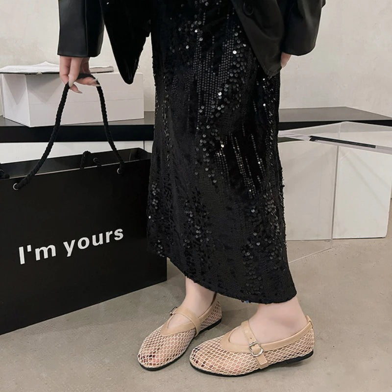 Breathable Mesh Black Ballet Shoes Female Spring Summer Fashion Flats Soft Sole Round Toe Girls Daily Walking Street Sandals